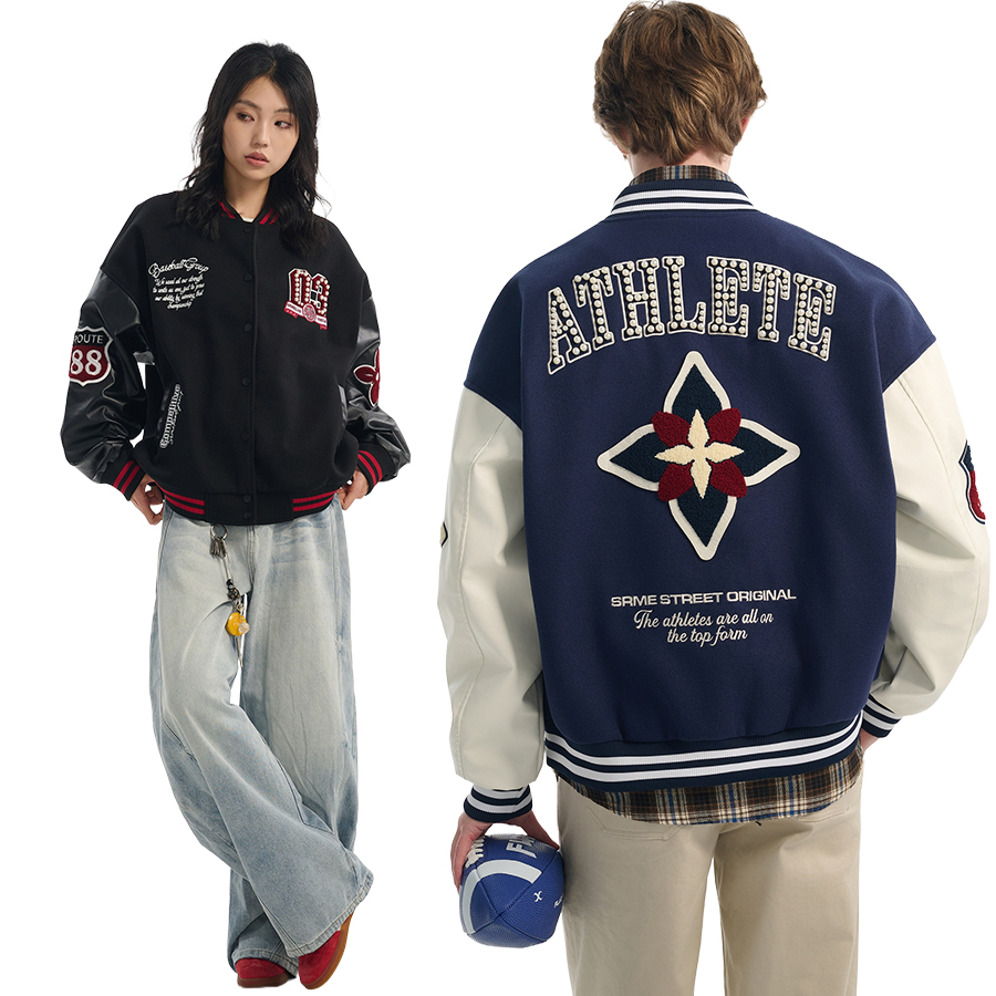 SRME美式复古钉珠毛巾绣字母重磅宽松舒适潮流时尚外套棒球服夹克