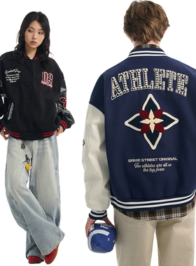 【明星同款】SRME美式复古钉珠毛巾绣字母宽松潮流外套棒球服夹克