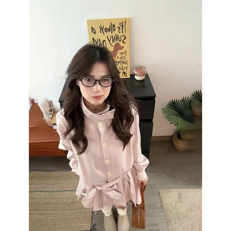 韩式少女感粉色立领中长款风衣女