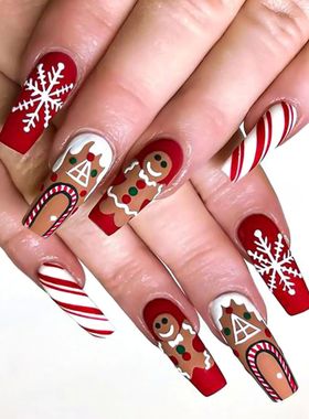 24PCS Christmas Press on Nails Long Coffin Red Fake Nail Des