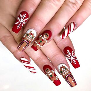24PCS Christmas Press on Nails Long Coffin Red Fake Nail Des