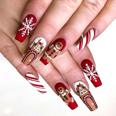 24PCS Christmas Press on Nails Long Coffin Red Fake Nail Des