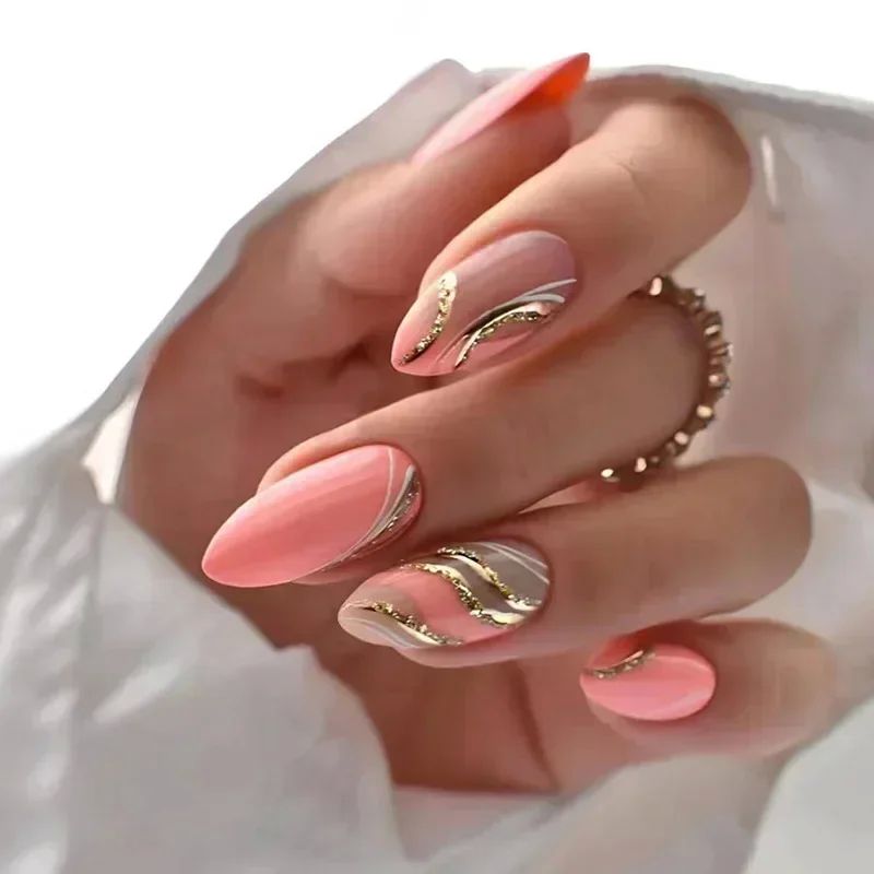 24Pcs Finished False Nails Detachable Long Almond Fake Finge