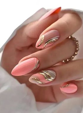 24Pcs Finished False Nails Detachable Long Almond Fake Finge