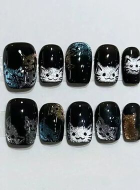 10pcs Black Cute Cat Handmade Press on Nails Crystal Cat Eye