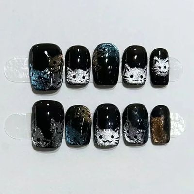 10pcs Black Cute Cat Handmade Press on Nails Crystal Cat Eye