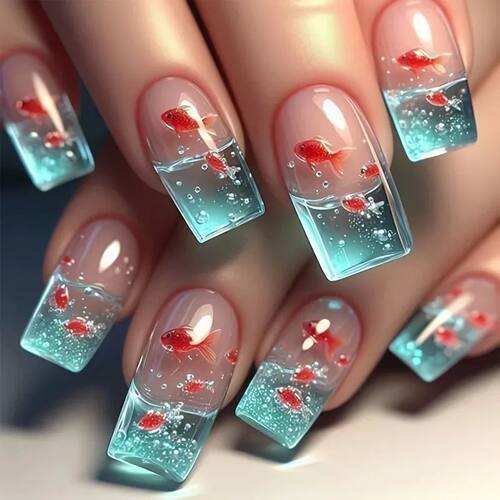 24pcs Square Stick-on Nails Set Goldfish Nail Tips Cheap Nai