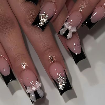 Black French Tips Press on Nails 3D White Bowknot Alloy Star