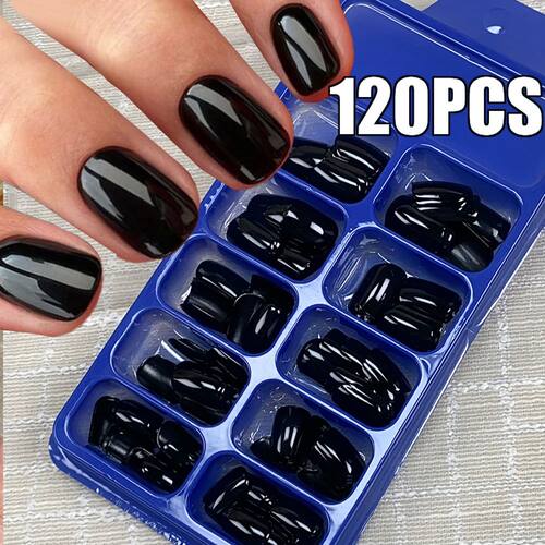 100/120Pcs Short Square Black Fake Nail Patches 12 Sizes Wea
