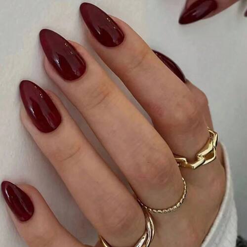 24PCS Press On Nails Short Almond Wine Red High Saturation F