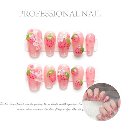 10pcs Handmade Fake Nails 3D Pink Strawberry Design False Na