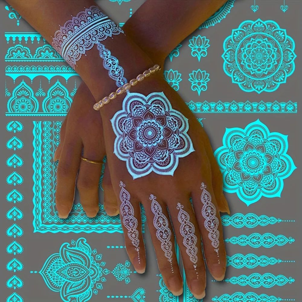 Blue Luminous Henna Tattoo Sticker Girls Tribal White Lace L