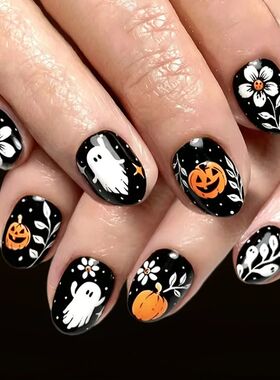 Black Halloween Press on Nails 24Pcs Short Oval Dark Gothic