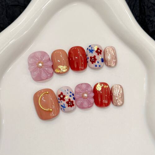 10pcs Handmade Short Press on Nails Color 3D Flower Design F