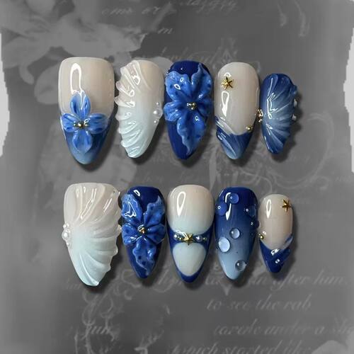 24pcs Flower Full Cover Nail Tip Gradient Blue Long Almond F