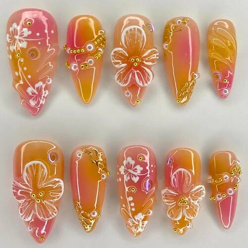 24pcs White Flower Fake Nail Tips Ins Yellow Pink Blush Fals