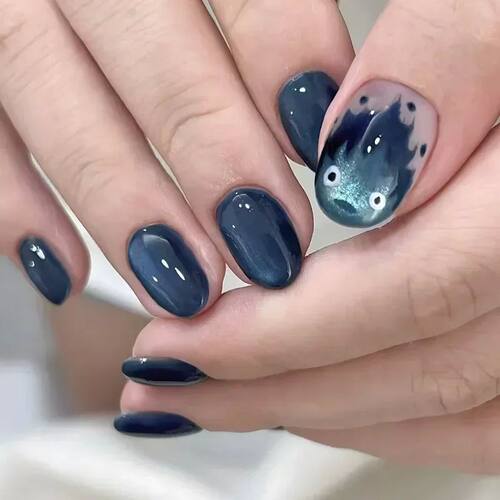 24Pcs Short Round Fake Nails Cat Eye Nail Design Glitter Det