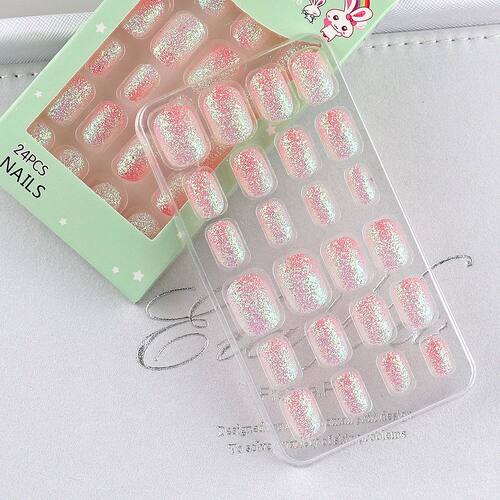 24pcs Kids Nail Art Nail Tips Glitter Blingbling Fake Nails
