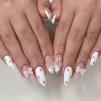 24Pcs Almond False Nails Cute Strawberries with French Desig