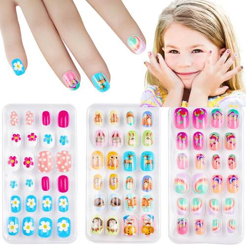 Children Press on Nails,24 Pcs Fake Nails Tips for Kids Acry