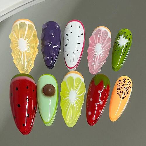10Pcs Handmade Press On Nails Summer Fruits Full Cover Color