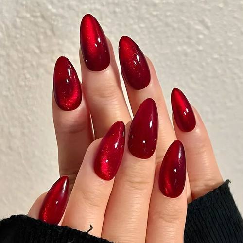 24pcs Glossy Red Cat's Eye Press On Nails Full Cover Nude Co
