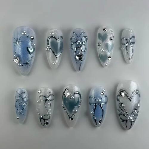 24Pcs Blue Almond Press on Nails with 3D Pearl Design Mid-le