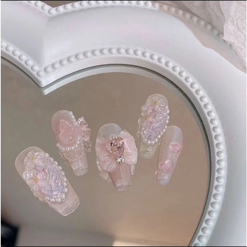 10 Pcs Pearl Love Diamond Bow Dream Fake Nails Pink Nail Pat
