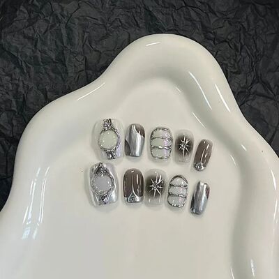 Y2k Metallic Style Handmade Wearable Nails Black Pink Hottie