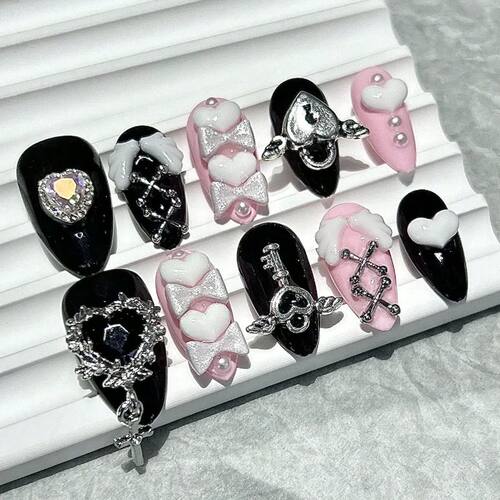 10 Pieces Y2k Spice Girl Handmade Press On Nails Black Pink