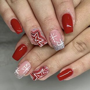 24Pcs Red Short Square with Star Press-On Nails Glitter Snow