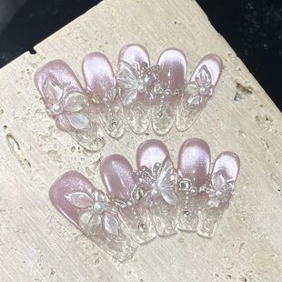 Spring 3D Bauhinia Flower Handmade Press On Nails Glitter Pu