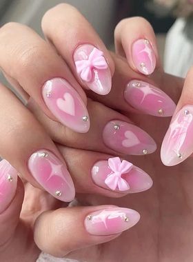 24Pcs Blush Pink Fake Nails Almond 3D Bowknots Decoration Pr