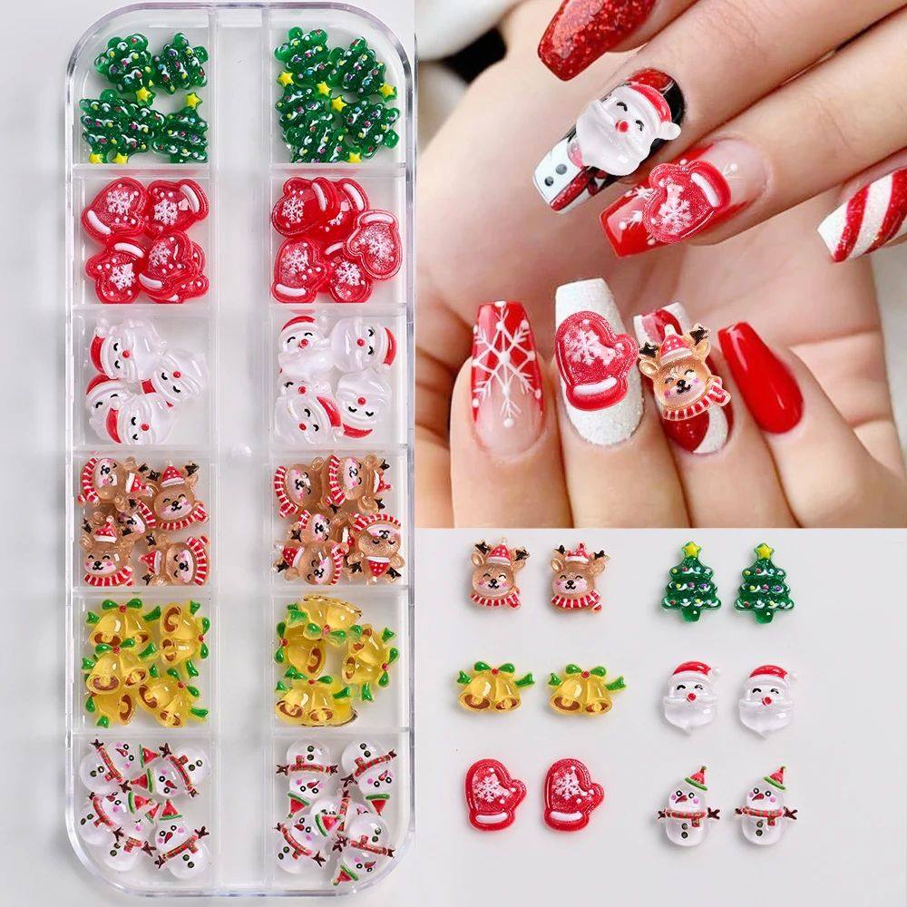 12 Grids 3D Resin Christmas Nail Art Charms Cute Snowman Red