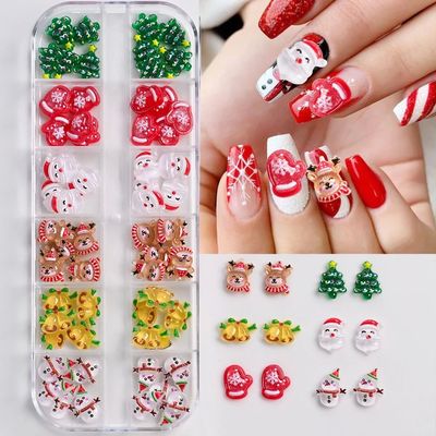 12 Grids 3D Resin Christmas Nail Art Charms Cute Snowman Red