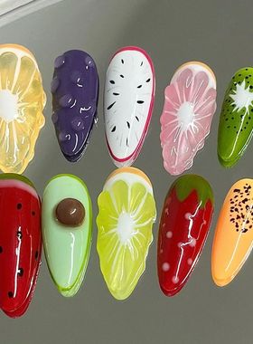 10Pcs Handmade Press On Nails Summer Fruits Full Cover Color