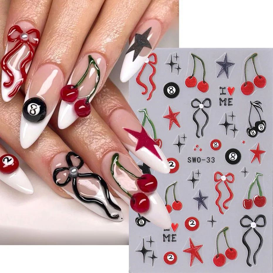 5D Cherry Bow Nail Art StickerHeart Star 2/8 Ball Design Nai