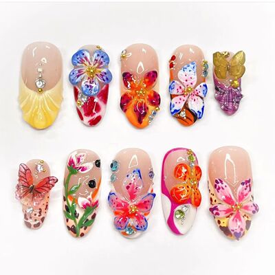 24pcs Tropical Flower Press On Nails Colorful French 3D Crys