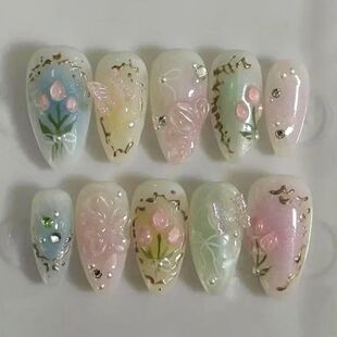 24pcs Short Almond Press on Nails 3D Flower Butterfly Fake N