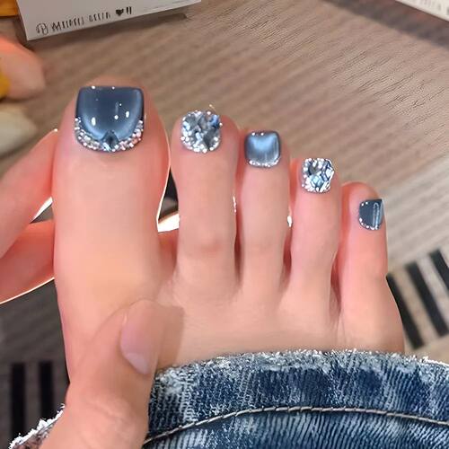 24Pcs Short Square Head Fake Toenail with Blue Cat's Eye Rhi