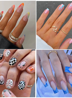 24Pcs Short Round Fake Nails with Glue Almond Wavy Lines Des