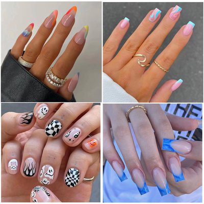 24Pcs Short Round Fake Nails with Glue Almond Wavy Lines Des