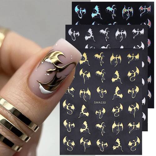 3pcs Metallic Flying Dragon Nails Stickers Gold Silver Laser