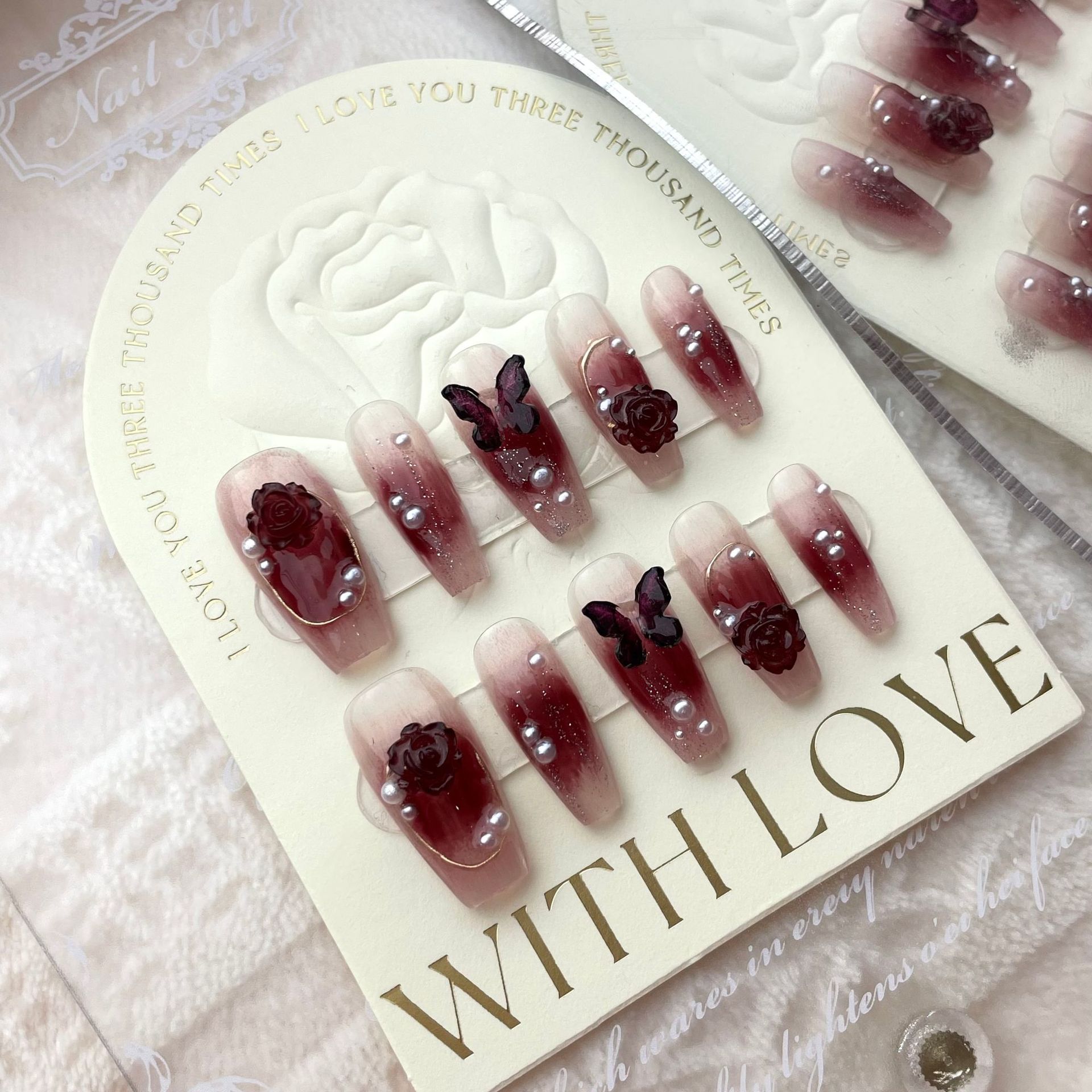 Wine Red Camellia Butterfly Fake Nails Hand Wear Nail Patch