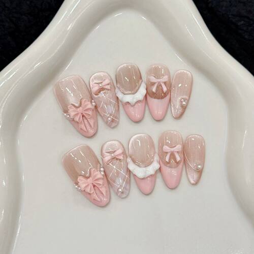 10pcs Handmade Press on Nails French Cat Eye Pink Bow Decor