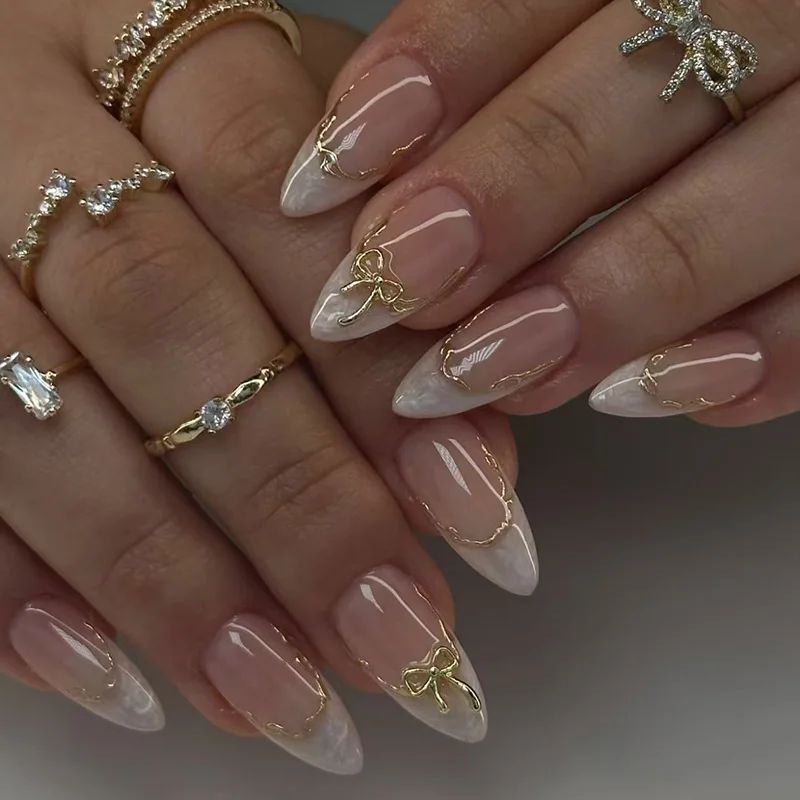 24pcs French Fake Nails Finished Almond Nails Sets with Gold