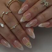 French with Fake Finished 24pcs Sets Nails Almond Gold