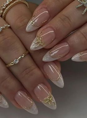 24pcs French Fake Nails Finished Almond Nails Sets with Gold