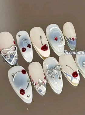10Pcs Handmade Press on Nails French Almond Full Cover Cherr