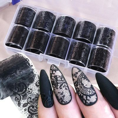 10 Rolls/Box White Black Lace Nail Art Foils Set Nail Transf